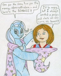 Size: 799x999 | Tagged: safe, artist:jose-ramiro, trixie, human, pony, unicorn, g4, bipedal, bonnie rockwaller, bunny out of the hat, crossover, female, kim possible, magic trick, mare, traditional art