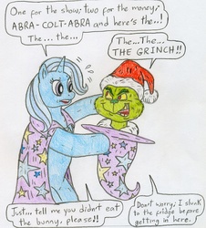 Size: 849x941 | Tagged: safe, artist:jose-ramiro, trixie, pony, unicorn, g4, bipedal, bunny out of the hat, crossover, dr. seuss, female, how the grinch stole christmas, jim carrey, magic trick, male, mare, the grinch, traditional art