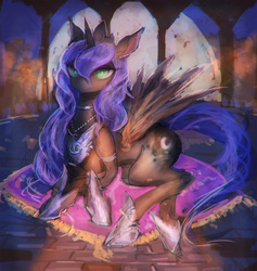 Size: 1899x2000 | Tagged: safe, artist:girlsay, princess luna, alicorn, pony, g4, choker, chokerluna, crown, cutie mark, female, hoof shoes, horn, jewelry, looking at you, mare, necklace, pillow, prone, regalia, solo, tail, wings