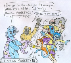 Size: 806x708 | Tagged: safe, artist:jose-ramiro, trixie, human, monkey, pony, unicorn, g4, bipedal, blip, bunny out of the hat, chinese new year, crossover, dave the barbarian, fangs, female, gleek, i'm weasel, i.r. baboon, kung fu panda, magic trick, male, mare, space ghost, super friends, traditional art