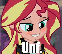 Size: 829x720 | Tagged: safe, edit, screencap, sunset shimmer, equestria girls, g4, my little pony equestria girls: friendship games, bedroom eyes, cropped, cute, human coloration, reaction image, shimmerbetes, smiling, teeth, unf