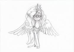 Size: 3507x2480 | Tagged: safe, artist:saturdaymorningproj, sunset shimmer, alicorn, pony, g4, alicornified, female, grayscale, high res, monochrome, race swap, shimmercorn, solo, spread wings, traditional art, unamused