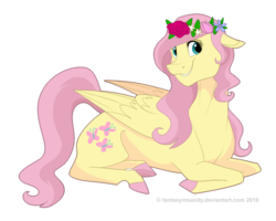 Size: 800x640 | Tagged: safe, artist:fantasyinsanity, fluttershy, pegasus, pony, g4, cute, disney, disney style, female, floral head wreath, mare, prone, shyabetes, simple background, solo, style emulation, transparent background