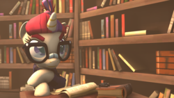 Size: 1920x1080 | Tagged: safe, artist:kotmiller, moondancer, g4, 3d, book, bookshelf, female, glasses, solo, source filmmaker