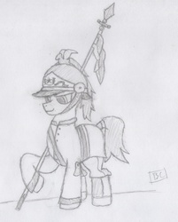 Size: 1224x1520 | Tagged: safe, artist:braziliancitizen, pony, brazil, monochrome, national guard, ponified, solo, spear, traditional art, weapon