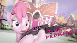 Size: 2880x1620 | Tagged: safe, artist:nikpinkie, pinkie pie, g4, 3d, female, gun, pinkie promise, ponyville, shotgun, solo, source filmmaker, spas-12, text, this will end in cupcakes, this will end in tears and/or death, weapon