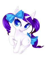 Size: 707x1000 | Tagged: safe, artist:crystalsonatica, rarity, g4, alternate hairstyle, bow, chibi, cute, female, hair bow, pigtails, raised hoof, raribetes, sitting, solo