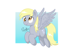 Size: 2000x1500 | Tagged: safe, artist:soulfulmirror, derpy hooves, pegasus, pony, g4, abstract background, blushing, female, flying, smiling, solo