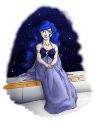 Size: 1524x1938 | Tagged: safe, artist:subduedmoon, princess luna, human, g4, clothes, dress, female, humanized, lipstick, night, sitting, solo, stars