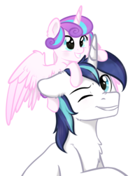 Size: 1502x1949 | Tagged: safe, artist:kaylemi, princess flurry heart, shining armor, pony, g4, the crystalling, chest fluff, cute, father and child, father and daughter, flurry heart riding shining armor, grin, ponies riding ponies, pony hat, riding, simple background, transparent background, weapons-grade cute, wink