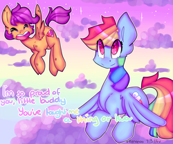 Size: 3600x3000 | Tagged: safe, artist:bunxl, rainbow dash, scootaloo, pegasus, pony, g4, cloud, cutie mark, duo, duo female, female, filly, flying, foal, heart, heart eyes, high res, mare, open mouth, scootaloo can fly, sparkly eyes, the cmc's cutie marks, wingding eyes
