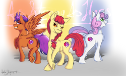 Size: 2000x1200 | Tagged: safe, artist:archaspect, apple bloom, scootaloo, sweetie belle, g4, butt, cutie mark, cutie mark crusaders, grin, older, plot, smirk, spread wings, the cmc's cutie marks, underhoof