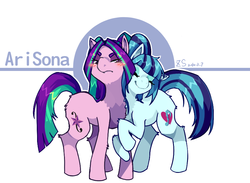 Size: 890x650 | Tagged: safe, artist:hisshi shoujo, aria blaze, sonata dusk, earth pony, pony, g4, 2016, blush lines, blushing, butt fluff, chest fluff, duo, earth pony aria blaze, earth pony sonata dusk, equestria girls ponified, eyes closed, female, hug, leg fluff, lesbian, ponified, raised hoof, ship:arisona, shipping, simple background, smiling, white background