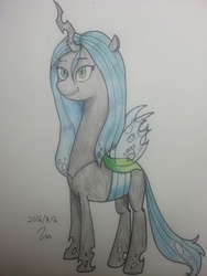 Size: 540x720 | Tagged: safe, artist:passigcamel, queen chrysalis, changeling, changeling queen, g4, female, long neck, smiling, solo, traditional art