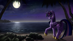 Size: 5120x2880 | Tagged: safe, artist:ampgamer, artist:lunebat, twilight sparkle, alicorn, pony, g4, beach, clothes, collaboration, female, lighthouse, mare, moon, mountain, night, ocean, palm tree, princess shoes, rock, scenery, shoes, solo, sunset, tree, twilight sparkle (alicorn)
