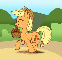 Size: 1134x1099 | Tagged: safe, artist:foxbeast, applejack, g4, apple, basket, eyes closed, female, food, mouth hold, solo