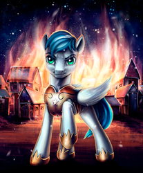 Size: 2883x3486 | Tagged: safe, artist:l1nkoln, oc, oc only, oc:brilliant sheen, fire, high res, raised hoof, royal guard, scenery, solo, town