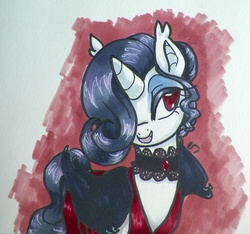 Size: 1532x1433 | Tagged: safe, artist:unluckyxse7en, rarity, bat pony, pony, unicorn, vampire, g4, clothes, collar, colored, dress, female, solo, traditional art