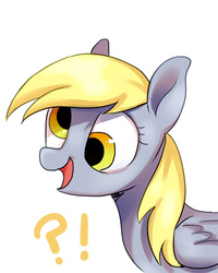 Size: 800x1000 | Tagged: safe, artist:rocy canvas, derpy hooves, pegasus, pony, g4, exclamation point, female, interrobang, mare, open mouth, question mark, simple background, smiling, solo, white background