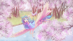 Size: 3493x1948 | Tagged: safe, artist:vivalis-soul, oc, oc only, oc:morning weather, bird, flower, flower in mouth, flying, lake, mouth hold, solo, tree, unshorn fetlocks