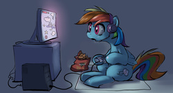 Size: 1280x684 | Tagged: safe, artist:gsphere, rainbow dash, pegasus, pony, g4, chips, computer, controller, doritos, drool, female, food, gamerdash, headset, mare, monitor, sitting, solo, video game