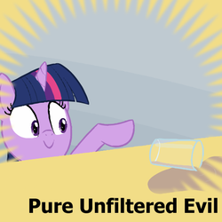 Size: 512x512 | Tagged: safe, twilight sparkle, derpibooru, g4, chocolate, chocolate milk, everything is ruined, exploitable meme, female, food, meme, meta, milk, pure unfiltered evil, solo, spilled milk, spoilered image joke