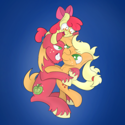 Size: 1500x1500 | Tagged: safe, artist:vengefulstrudel, apple bloom, applejack, big macintosh, earth pony, pony, g4, apple siblings, female, filly, foal, hatless, hug, male, mare, missing accessory, stallion