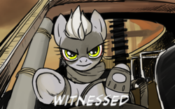 Size: 1440x900 | Tagged: safe, artist:pencils, limestone pie, earth pony, pony, g4, crossover, female, looking at you, mad max, mad max fury road, mare, reaction image, slit, smiling, solo, witnessed