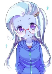 Size: 500x703 | Tagged: safe, artist:weiliy, trixie, equestria girls, g4, alternate hairstyle, barrette, blushing, braid, clothes, cute, daaaaaaaaaaaw, diatrixes, dress, female, glasses, hairclip, hairpin, hand in pocket, head tilt, hnnng, hoodie, looking at you, missing accessory, moe, open mouth, simple background, solo, sparkles, sweater, twin braids, weiliy is trying to murder us, white background