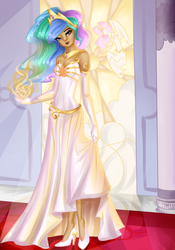 Size: 2070x2952 | Tagged: safe, artist:yuntaoxd, princess celestia, human, g4, bedroom eyes, canterlot castle, clothes, colored, dark skin, dress, female, high heels, high res, humanized, long hair, looking at you, magic, smiling, solo, tanlestia