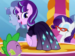 Size: 791x593 | Tagged: safe, screencap, rarity, spike, starlight glimmer, pony, unicorn, g4, the cutie re-mark, clothes, cute, dress, female, gem, glimmerbetes, image macro, looking at you, mare, meme, open mouth, raised hoof