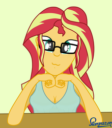 Size: 733x834 | Tagged: safe, artist:stargrazer, sunset shimmer, equestria girls, g4, :3, cleavage, female, freckles, glasses, looking at you, peppered bacon, solo