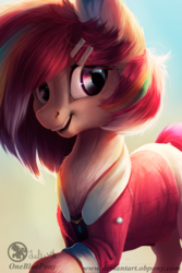 Size: 1000x1500 | Tagged: safe, artist:lulemt, oc, oc only, earth pony, pony, clothes, open mouth, open smile, realistic, shirt, smiling, solo