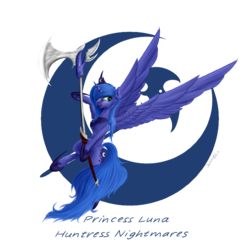Size: 5000x5000 | Tagged: safe, artist:skitsroom, princess luna, g4, absurd resolution, axe, colored, concave belly, crown, female, fluffy, hoof shoes, jewelry, large wings, long tail, mare, peytral, princess shoes, regalia, s1 luna, shading, simple background, slender, solo, spread wings, sternocleidomastoid, tail, thin, transparent background, warrior luna, wings