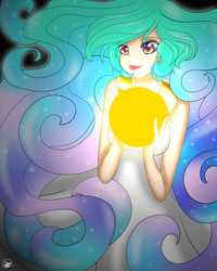 Size: 3178x3969 | Tagged: safe, artist:kisara, princess celestia, human, g4, clothes, dress, female, high res, humanized, solo, sun, tangible heavenly object