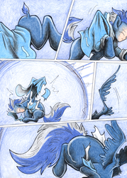 Size: 888x1242 | Tagged: safe, artist:chocolatechilla, part of a set, oc, oc only, oc:midnight star, pegasus, pony, comic:a dream come true, comic, eyes closed, human to pony, part of a series, ripping clothes, solo, tail, tail growth, traditional art, transformation, transformation sequence, wing growth, wings