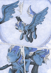 Size: 888x1257 | Tagged: safe, artist:chocolatechilla, part of a set, oc, oc only, oc:midnight star, pegasus, pony, comic:a dream come true, comic, eyes closed, human to pony, part of a series, solo, traditional art, transformation, transformation sequence