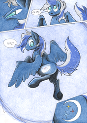 Size: 886x1250 | Tagged: safe, artist:chocolatechilla, part of a set, oc, oc only, oc:midnight star, pegasus, pony, comic:a dream come true, comic, cutie mark, human to pony, part of a series, solo, traditional art, transformation, transformation sequence