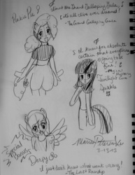 Size: 2550x3300 | Tagged: safe, artist:melodicmarzipan, derpy hooves, pinkie pie, twilight sparkle, g4, high res, sketch, text