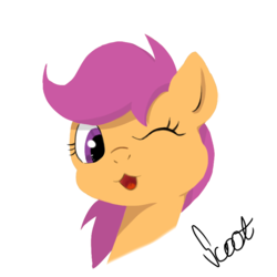 Size: 768x768 | Tagged: safe, artist:mizore43, scootaloo, g4, female, open mouth, portrait, simple background, solo, white background, wink