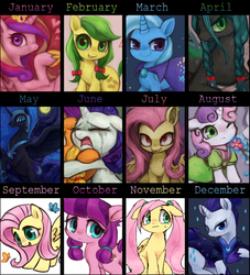 Size: 600x660 | Tagged: safe, artist:kei05, apple fritter, applejack, fluttershy, lily longsocks, nightmare moon, princess cadance, queen chrysalis, rarity, sweetie belle, trixie, bat pony, butterfly, pony, g4, alternate hairstyle, apple family member, calendar, crying, cute, flutterbat, night maid rarity