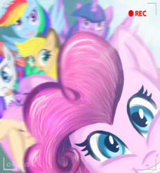 Size: 1024x1103 | Tagged: safe, artist:nataliaokita1, applejack, fluttershy, pinkie pie, rainbow dash, rarity, spike, twilight sparkle, alicorn, pony, g4, camera, camera shot, female, mane seven, mane six, mare, out of focus, photobomb, recording, smiling, twilight sparkle (alicorn)