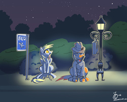 Size: 1280x1024 | Tagged: safe, artist:sevenowait, derpy hooves, sourpuss, the lone lampman, pegasus, pony, g4, season 4, briefcase, bus stop, clothes, cute, female, frown, glare, lamppost, looking at you, mare, mouth hold, nom, shadow, sitting, smiling, stool, unamused