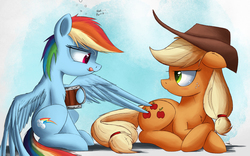 Size: 2000x1250 | Tagged: safe, artist:ncmares, applejack, rainbow dash, earth pony, pegasus, pony, g4, applejack is not amused, butt touch, commission, drunk, drunker dash, duo, feathermarking, female, freckles, hat, lesbian, looking at each other, looking at someone, mare, never doubt tchernobog's involvement, ship:appledash, shipping, tongue out, unamused