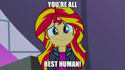 Size: 888x499 | Tagged: safe, sunset shimmer, equestria girls, g4, my little pony equestria girls: rainbow rocks, best human, cute, female, shimmerbetes, smiling, solo, text
