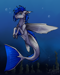 Size: 1280x1597 | Tagged: safe, artist:sunny way, oc, oc only, oc:sapphire sights, fish, merpony, rcf community, bubble, fins, gauges, piercing, solo, species swap, underwater