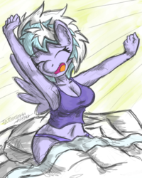 Size: 1000x1248 | Tagged: safe, artist:flutterthrash, cloudchaser, anthro, g4, armpits, bed, female, morning ponies, pillow, sleepy, solo, stretching, yawn