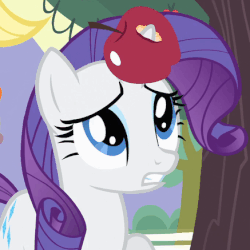 Size: 437x437 | Tagged: safe, screencap, applejack, rarity, pony, unicorn, bats!, g4, animated, apple, blinking, cute, female, food, horn, horn impalement, looking up, mare, raribetes, rarity looking at food, solo focus