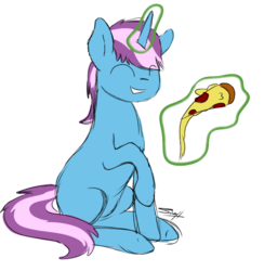 Size: 606x620 | Tagged: safe, artist:cloud-drawings, oc, oc only, oc:gyro tech, pony, unicorn, eating, food, pizza, solo