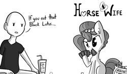 Size: 1280x747 | Tagged: safe, artist:tjpones, oc, oc only, oc:brownie bun, oc:richard, human, horse wife, card, dialogue, magic the gathering, monochrome, mouth hold, simple background, this will end in tears, white background